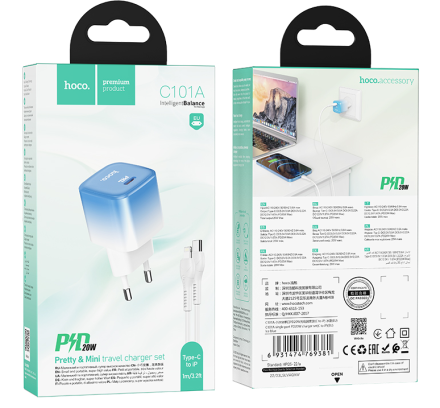  Сетевое зар. устр. Hoco C101A с шнуром Type-C на Lightning 1С PD3.0/QC3.0 20W ледяной синий
