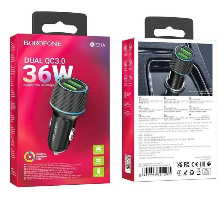  Автомобильное заряд. устр. Borofone BZ21A 2USB 3А QC3.0 36W черное