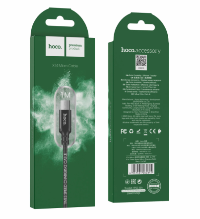  Usb Кабель-зарядка Micro Hoco X14 Times speed 2A 1м в тканевой оплетке черный