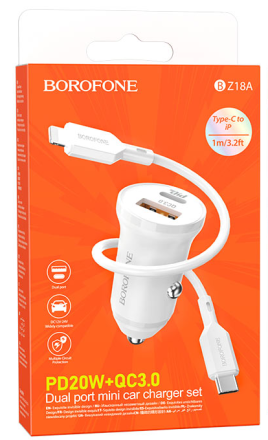  Автомобильное заряд. устр. Borofone BZ18A 1USB/1USB-C с кабелем T-C-L PD20W+QC3.0 белый