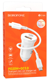 Автомобильное заряд. устр. Borofone BZ18A 1USB/1USB-C с кабелем T-C-L PD20W+QC3.0 белый