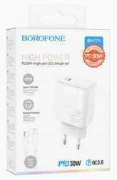 Сетевое зар. устр. Borofone BA77A с шнуром Type-C на Lightning 1C 30W белое