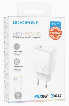  Сетевое зар. устр. Borofone BA77A с шнуром Type-C на Lightning 1C 30W белое