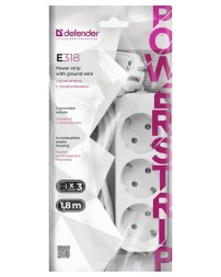 Сетевой фильтр Defender E318, 10А, 2200 Вт, 3 розетки, длина 1,8 м, белый