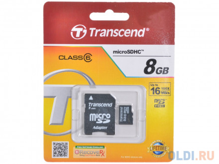 micro SDHC карта памяти Transcend 8GB Class 6 (с адаптером SD)