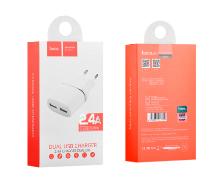  Сетевое зар. устр. Hoco C12 2USB 2.4A белое