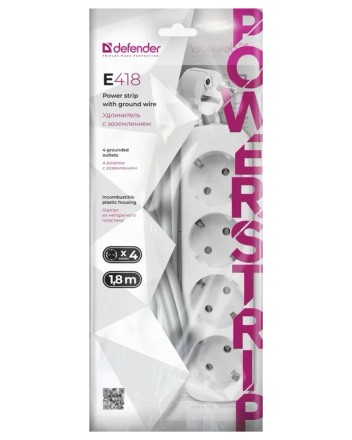  Сетевой фильтр Defender E418, 10А, 2200 Вт, 4 розетки, длина 1,8 м, белый