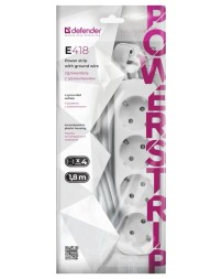 Сетевой фильтр Defender E418, 10А, 2200 Вт, 4 розетки, длина 1,8 м, белый