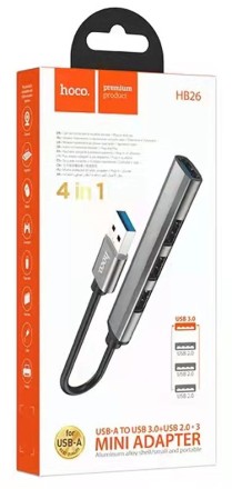  USB 3.0 хаб Hoco HB26 4 порта 3 USB2.0/1 USB3.0 серебристый