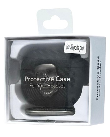  Силиконовый чехол для AirPods Pro c карабином под карбон с черепом чёрный