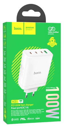  Сетевое зар. устр. Hoco N31 Gan с шнуром Type-C на Type-C 1USB/3C 100W белое