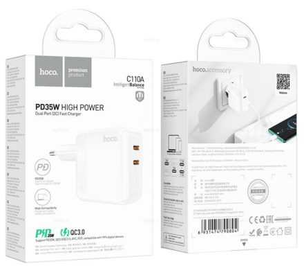  Сетевое зар. устр. Hoco C110A 2C 35W белое