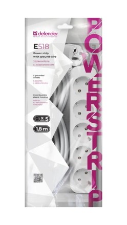 Сетевой фильтр Defender E518, 10А, 2200 Вт, 5 розеток, длина 1,8 м, белый