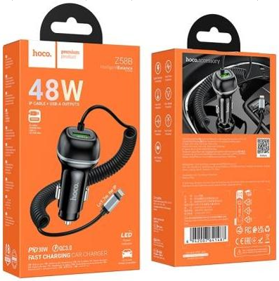  Автомобильное заряд. устр. Hoco Z58B с шнуром Lightning 1USB 48W чёрный