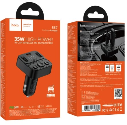  Автомобильное заряд. устр. Hoco E87 2USB/1C 35W + FM-трансмиттер черное