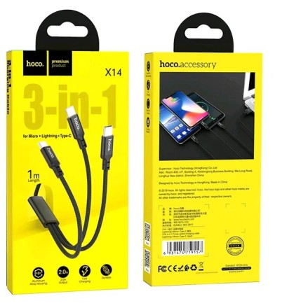  Usb Кабель-зарядка Hoco X14 3-in-1 Times Lightning/Micro/Type-C 2.4A 1м в тканевой оплётке чёрный