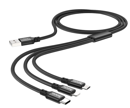  Usb Кабель-зарядка Hoco X14 3-in-1 Times Lightning/Micro/Type-C 2.4A 1м в тканевой оплётке чёрный