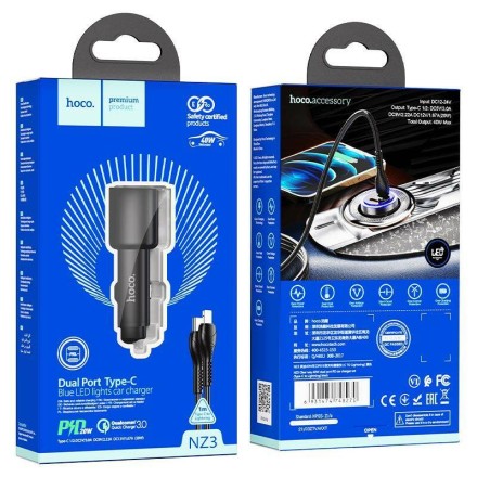  Автомобильное заряд. устр. Hoco NZ3 с шнуром Type-C на Lightning 2USB-C 3А 20W черное