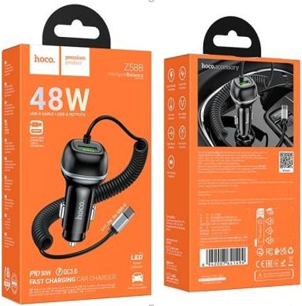  Автомобильное заряд. устр. Hoco Z58B с шнуром Type-C 1USB 48W чёрный
