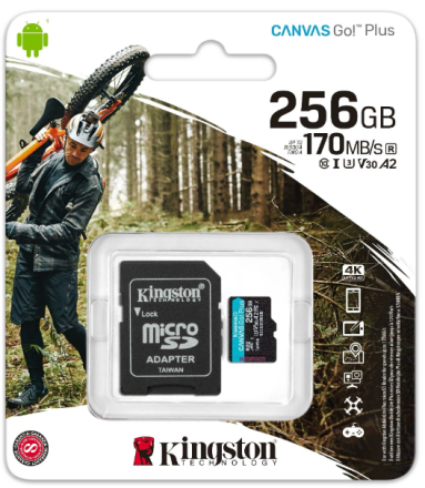 micro SDXC карта памяти Kingston 256GB Class10 170R A2 U3 V30 Canvas Go Plus с адапт.(SDCG3/256GBSP)