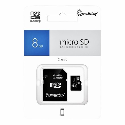 micro SDHC карта памяти Smartbuy 8GB Сlass 10 (с адаптером SD)