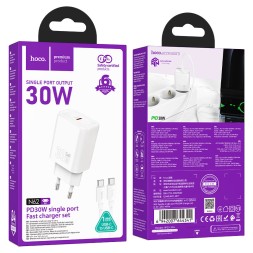 Сетевое зар. устр. Hoco N62 с шнуром Type-C на Type-C 1C 30W белое