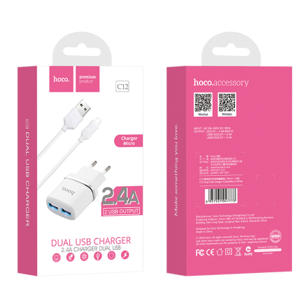  Сетевое зар. устр. Hoco C12 с шнуром Micro 2USB 2.4A белое