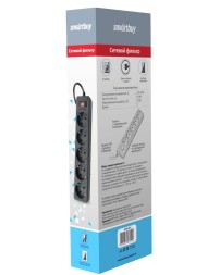 Сетевой фильтр Smartbuy One, 10А, 2 200 Вт, 5 розеток, длина 5,0 м, черный (SBSP-50-K)/35