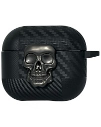 Силиконовый чехол для AirPods 3 с карабином под карбон с черепом чёрный