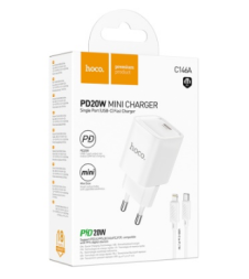 Сетевое зар. устр. Hoco C146A с шнуром Type-C на Lightning 1C 20W белое