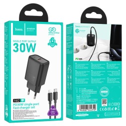 Сетевое зар. устр. Hoco N62 с шнуром Type-C на Lightning 1C 30W черное