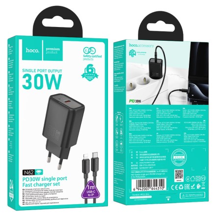  Сетевое зар. устр. Hoco N62 с шнуром Type-C на Lightning 1C 30W черное
