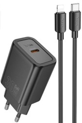 Сетевое зар. устр. Hoco N62 с шнуром Type-C на Lightning 1C 30W черное