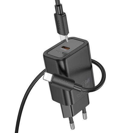  Сетевое зар. устр. Hoco N62 с шнуром Type-C на Lightning 1C 30W черное