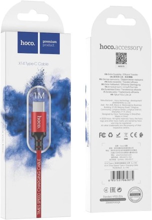 Usb Кабель-зарядка Type-C Hoco X14 Times speed 2.4A 1м в тканевой оплетке красный