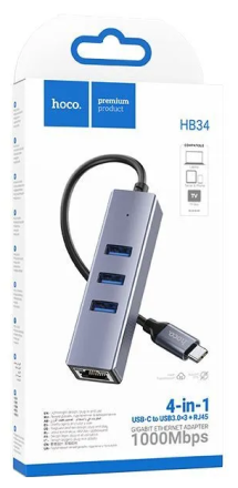  USB-C хаб Hoco HB34 3 порта USB3.0/1 Lan серый