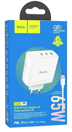  Сетевое зар. устр. Hoco N30 GaN с шнуром Type-C на Type-C 1USB/2USB-С 65W белое