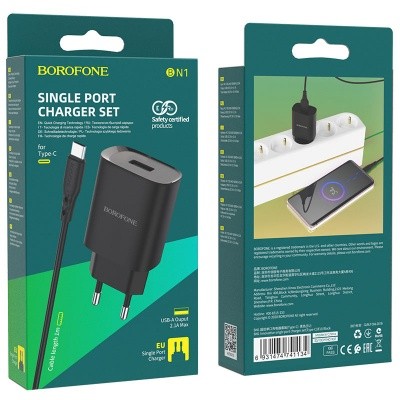 Сетевое зар. устр. Borofone BN1 с шнуром Type-C 1USB 2.1A черное