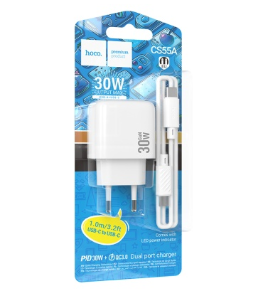 Сетевое зар. устр. Hoco CS55A с шнуром Type-C на Type-C 1USB/1C 30W белое