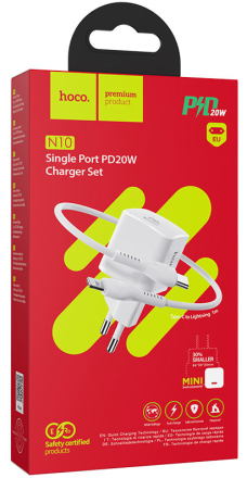  Сетевое зар. устр. Hoco N10 с шнуром Type-C на Lightning 1C 20W белое