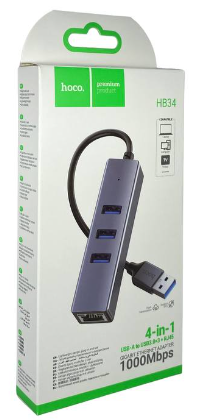  USB хаб Hoco HB34 3 порта USB3.0/1 Lan серый