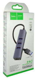 USB хаб Hoco HB34 3 порта USB3.0/1 Lan серый