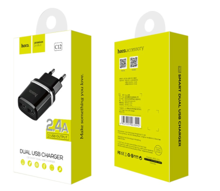  Сетевое зар. устр. Hoco C12 2USB 2.4A черное
