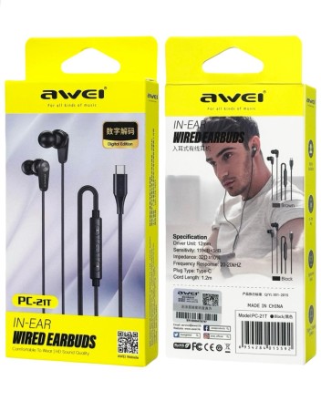  Стереонаушники Awei PC-21T с микрофоном Type-C 1.2м черные