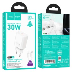 Сетевое зар. устр. Hoco N62 с шнуром Type-C на Lightning 1C 30W белое