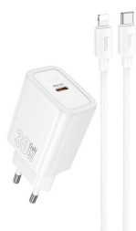 Сетевое зар. устр. Hoco N62 с шнуром Type-C на Lightning 1C 30W белое