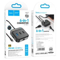 Кабель-переходник Hoco HB37 Type-C на HDMI/USB3.0/USB2.0/RJ45/USB-C 0.2м черный