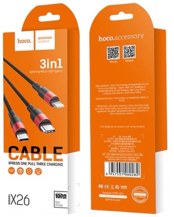  Usb Кабель-зарядка Hoco X26 3в1 Micro/Lightning/Type-C 1м черный