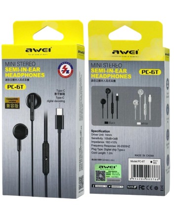 Стереонаушники Awei PC-6T с микрофоном Type-C 1.2м черные