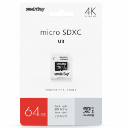 micro SDXC карта памяти Smartbuy 64GB Class 10 PRO U3 R/W:90/70 MB/s (с адаптером SD)